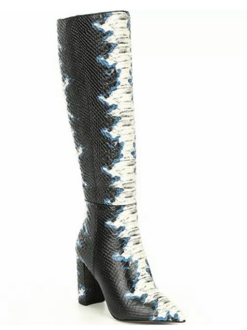 Two-Tone Black, White and Blue Snakeskin Knee-High Block Heel Boot